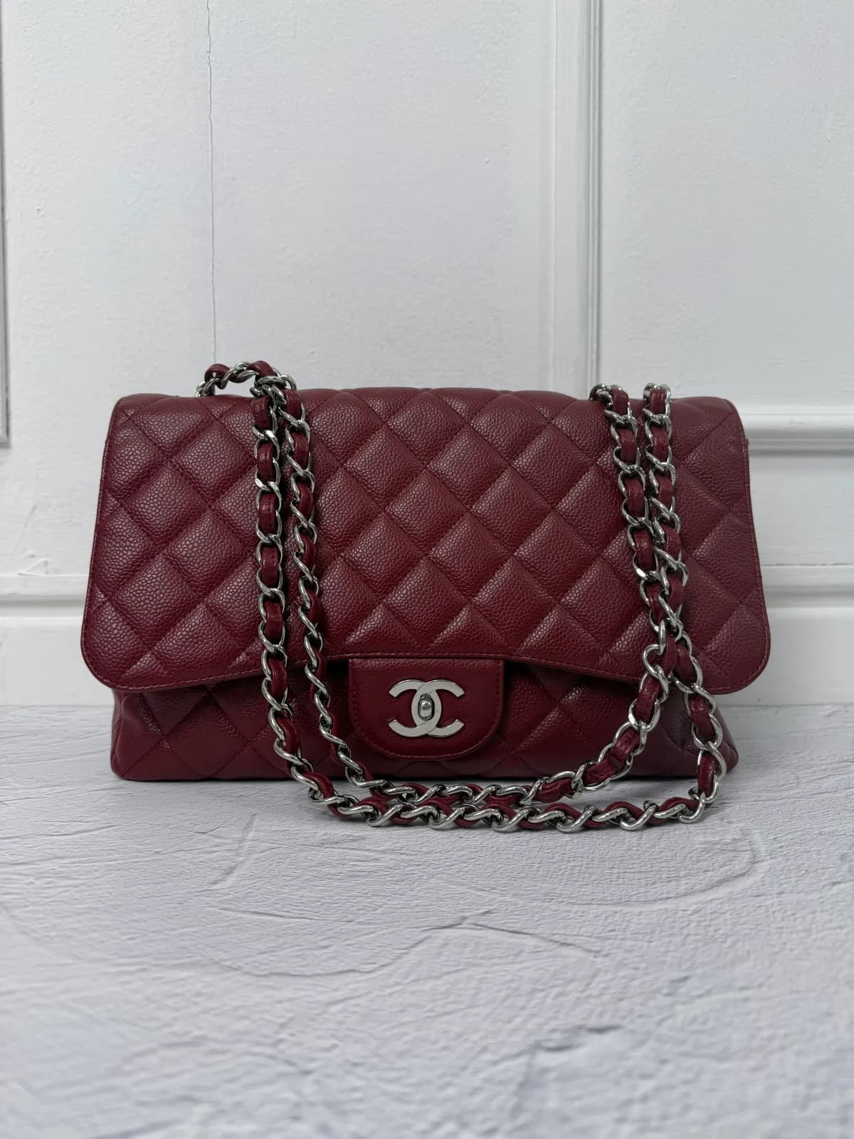 Chanel Classic Flap, burgundy — seam restitched, corners re-dyed — After