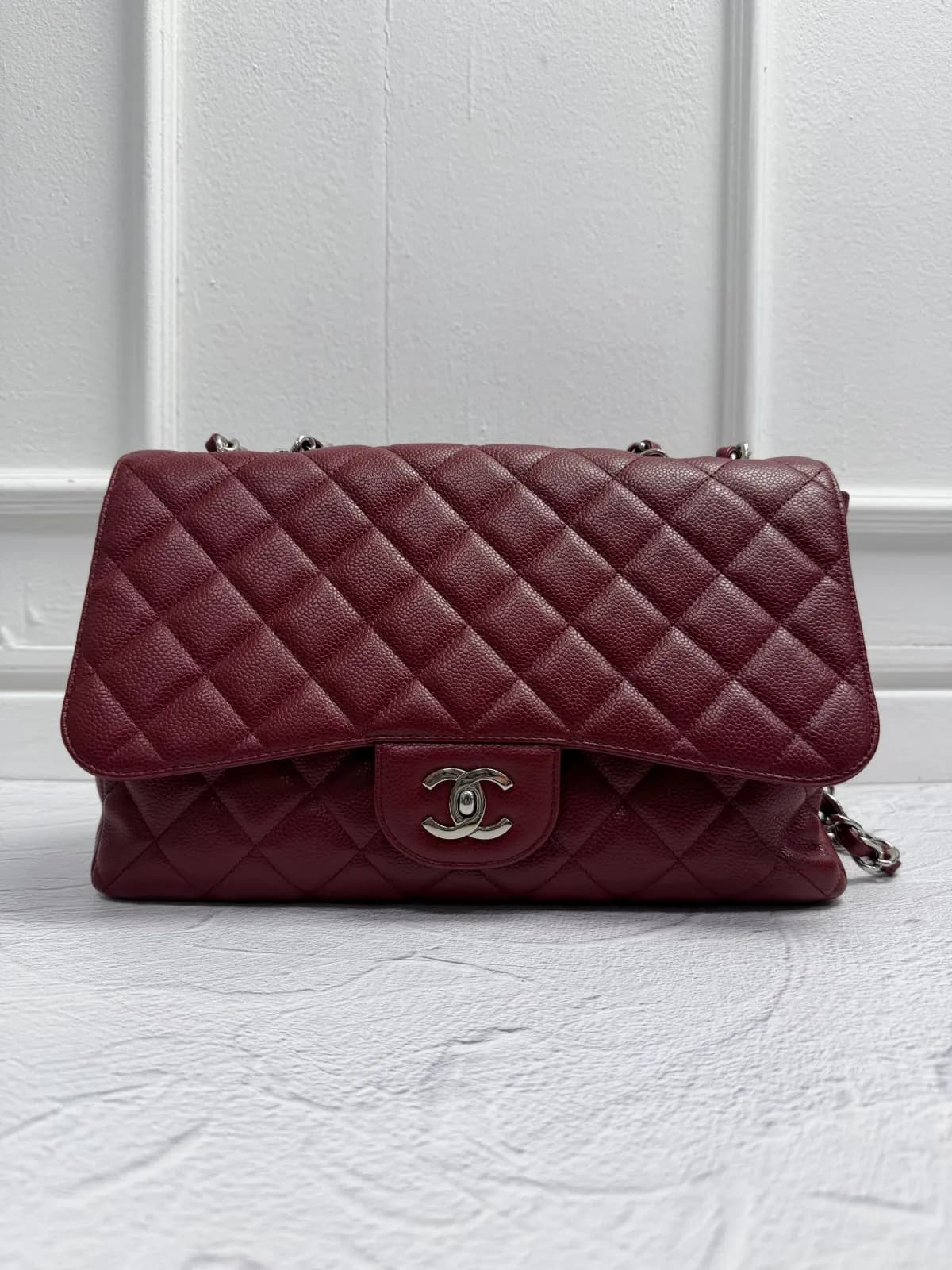 Chanel Classic Flap, burgundy — seam restitched, corners re-dyed — Before